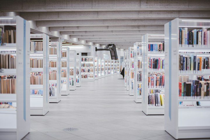 Helle Regalgänge einer Bibliothek